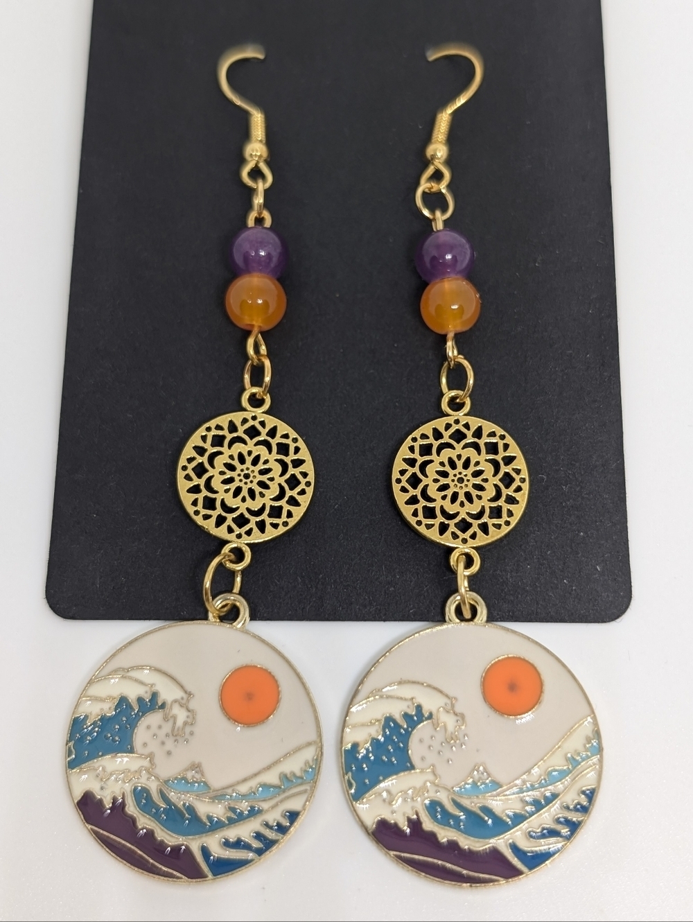 Handmade Beaded Boho Abstract The Great Wave Off Kanagawa Dangle Earrings